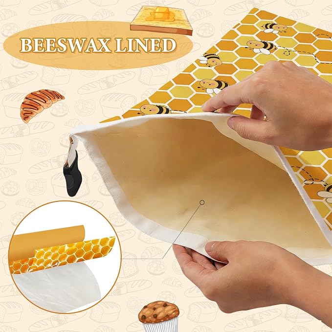 2 Pack Beeswax Bread Bags for Homemade Sourdough Bread, 17x13 Inch Reusable Linen Beeswax Bread Bag with Buckle to Keeps Bread Freshness for Food Storage(Cute Bee)