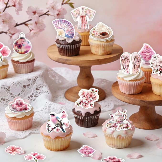 56PCS Edible Cherry Blossoms Cupcake Toppers Japanese Edible Cherry Flowers Tree Cake Picks Wafer Paper Cherry Cupcake Decors for Cherry Theme Party Cake Supplies