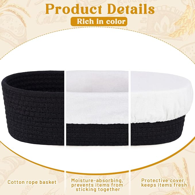 4 Pcs 10 Inch Bread Proofing Basket Set Cotton Rope Oval Banneton Basket Sourdough Bread with Liners Covers for Baking Supplies (Black)