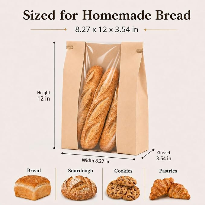 NPLUX 50 Pack Sourdough Bread Bags for Homemade Bread with Tin Tie Tab Lock Bakery Bags with Window kraft Bag for Toast Sandwich Cookie Snacks, Graduation Gift Bags(8.27x13.6x3.54In)