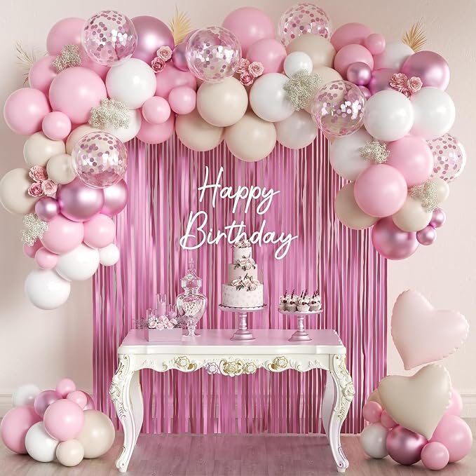 157Pcs Pink and White Balloons Garland Arch Kit with Metallic Pink Fringe Curtain for Woman Girl Princess Birthday Bridal Baby Shower Engagement Wedding Valentine's Day Party Decorations