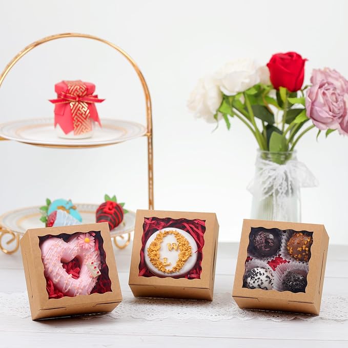 50 Pack Cookie Boxes with Window 4x4x2 Inch,Bakery Boxes, Chocolates Strawberries,Treat Boxes, Mini Cake Boxes, Pastry Dessert Boxes for Candy, Cupcakes- Brown Paper