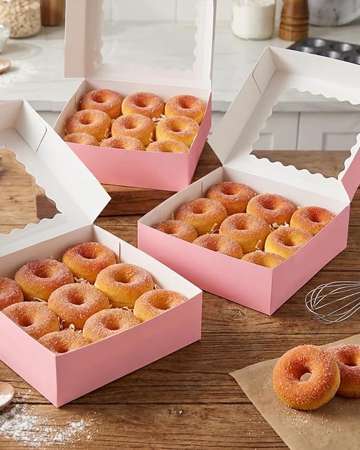 qiqee 10"x 10"x 2.5" Pink Pie Boxes with Window 120Packs Cookie Donut Bakery Box (Auto-pop Up)