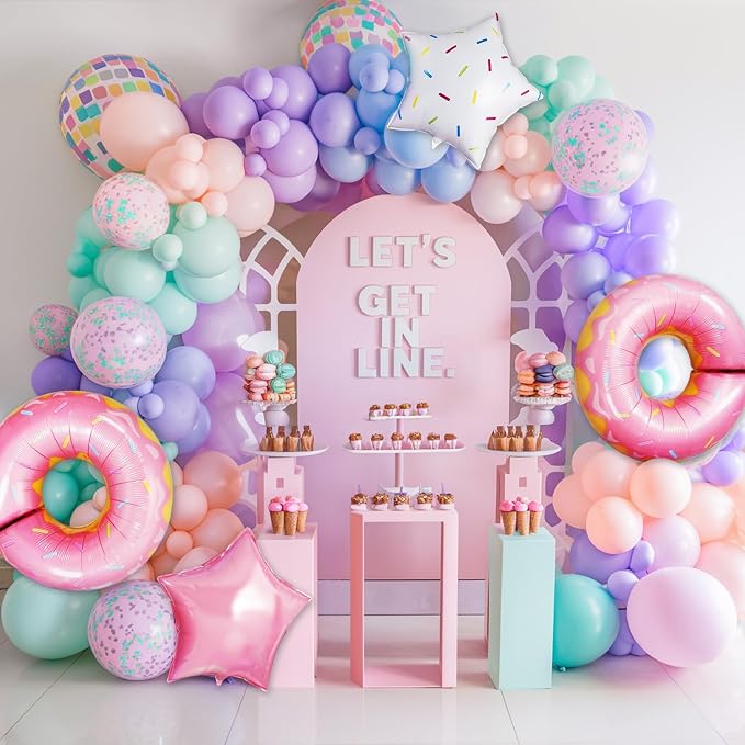 Donut Party Decorations, 108 Pcs Pink Purple Green Teal Balloons Arch Kit Pastel Latex Balloon Foil Donut Sprinkles Confetti Candy for Girls Princess Sweet One Birthday Donut Grow up Party Decorations