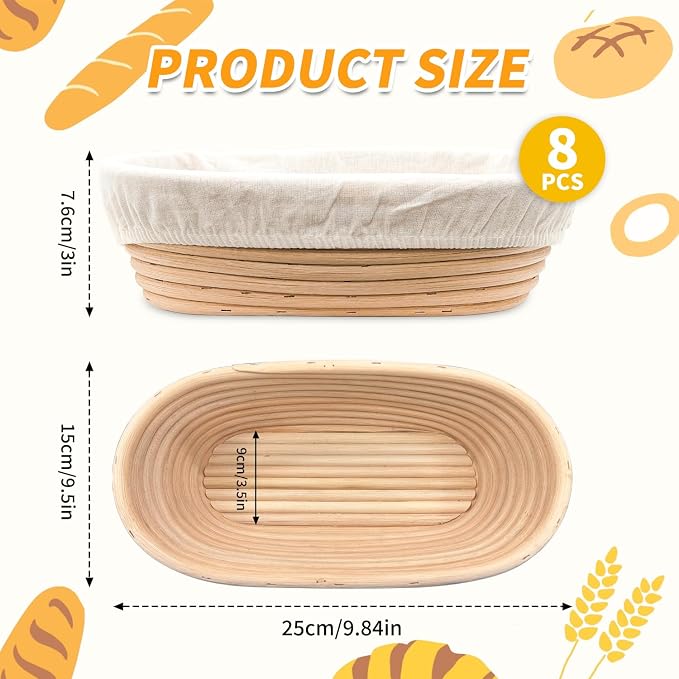 GEMLORD Oval Banneton Bread Proofing Basket Set of 8, 10 Inch Sourdough Proofing Bowl with Cloth Liner and Dough Scraper, Natural Rattan Sourdough Baking Basket for Home & Professional Bakers