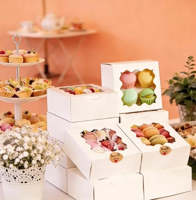 26 Pcs Cookie Boxes with Window, 4x4x2.5 Inches Small Cupcake Boxes, White Treat Boxes with 36pcs Stickers, for Cookie Dessert Pastry Donuts Strawberries Macaroon Candy Chocolate Cupcakes