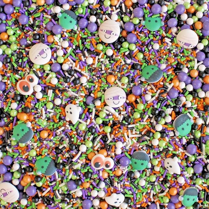 Sprinkle Pop Monster Mashup Sprinkle Mix| Orange Black White Lime Purple Sprinkles| Halloween Sprinkles with ~12 monster, ghosts, creepy eyeballs Made in USA for Decorating Cakes Cookies Cupcakes, 4oz