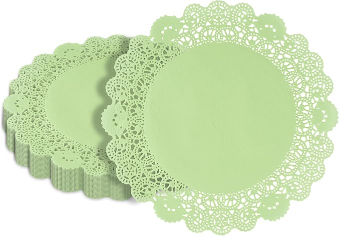 Pastry Tek 12 x 12 Inch Paper Lace Doilies, 100 Disposable Table Doilies - Elegant Lace Finish, Long Lasting, Green Paper Doily, for Pastries, Cupcakes, Desserts - Restaurantware