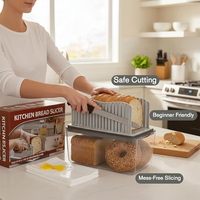Bread Slicer with Knife, Adjustable Slicer & Loaf Cutter for Homemade Bread with Crumb Tray, Storage Box & Plastic Bags for Easy Slicing.