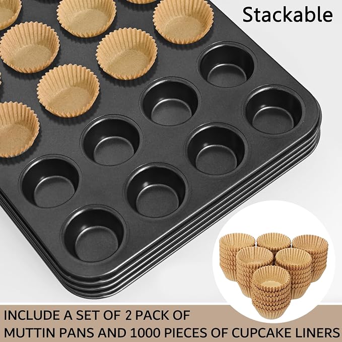 2 Pack Mini Muffin Pan includes 1000 Natural Cupcake Liners, Mini Cupcake Pans Muffin Tin Nonstick 24 Cup, Carbon Steel Baking Pans Tray Baking Supplies