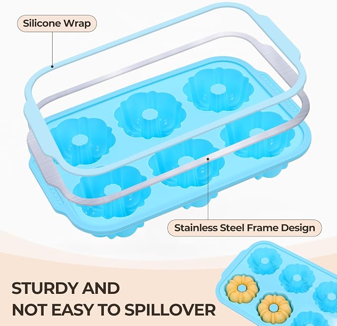FUNBAKY Mini Fluted Tube Cake Pans for Baking with Metal Reinforced Frame, 2Pcs Silicone 6-Cavity Mini Flan Molds, Nonstick Baking Mold for Cupcake, Brownie, Donuts, Cornbread, Jello