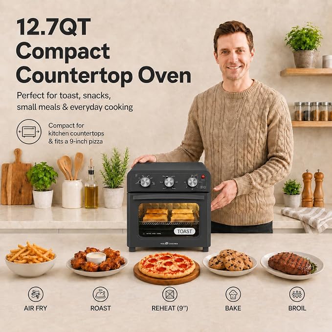 VAL CUCINA 6-in-1 Retro Air Fryer Toaster Oven Combo, Compact 12.7 QT Small Countertop Convection Oven, Fits 9" Pizza & 4 Toast, Hexagon Hybrid Heating, Enamel Baking Pan Included, Dark Grey Color