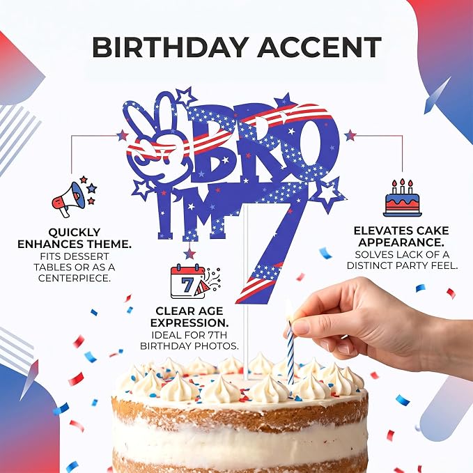 Bro I'm 7 Birthday Cake Toppers, Patriotic Cake Decorations for Boys Birthday Anniversary Party Decor Supplies
