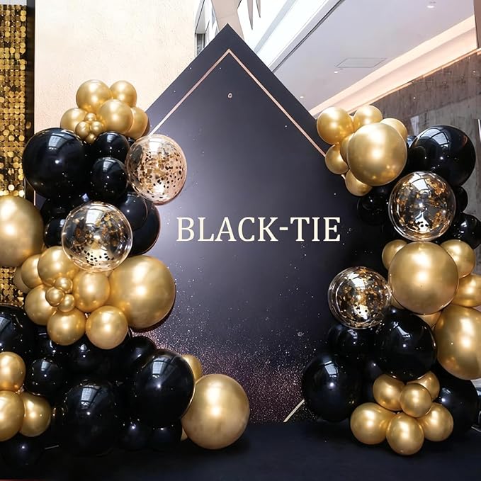 MEBAY Black Gold Silver Balloon Garland Arch Kit, 166Pcs 5 10 12 18 inch Latex Balloons with Gold Confetti for 2025 New Year Graduation Wedding Birthday Party Decoration
