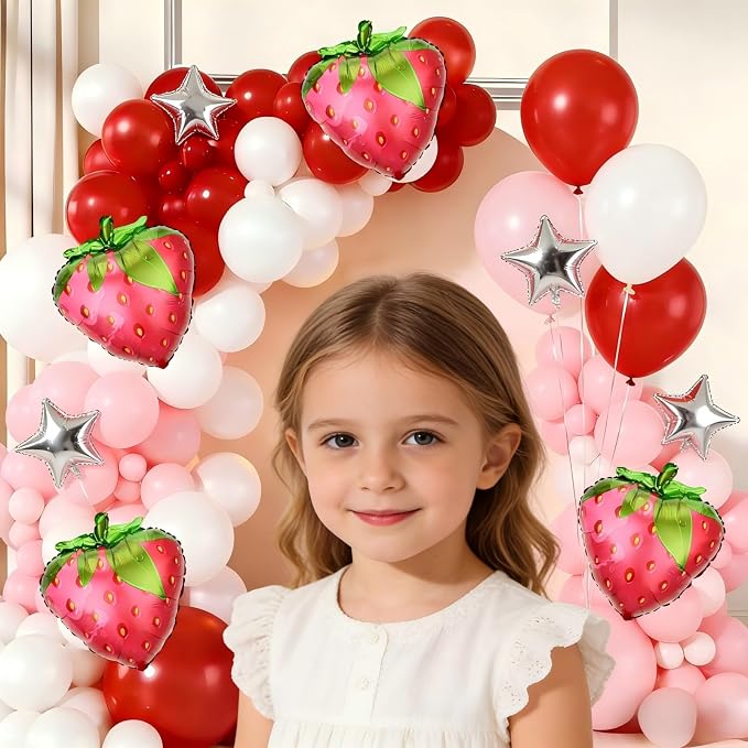 Strawberry Balloon Garland Arch Kit, 143pcs Red Pink and White Balloons with Strawberry Foil Balloons for Sweet Girl Berry First Baby Shower Birthday Party Decorations