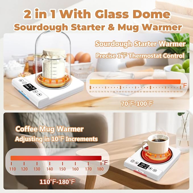 2-in-1 Upgraded Sourdough Starter Warmer with Glass Dome, Precise 1℉ Thermostat Sour Dough Starter Heating Mat (70-100℉) and Mug Warmer (110-180℉) Dual Mode, Sourdough Warming Mat for Baking & Coffee