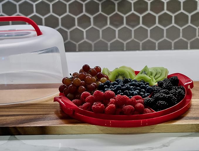 Top Shelf Elements Round Cake Carrier For Up To 10 Inch Cake Portable Cake Stands Two Sided Cake Box With Handle Fashionable Base Doubles as Five Section Serving Tray Container Holds Pies(Scarlet)