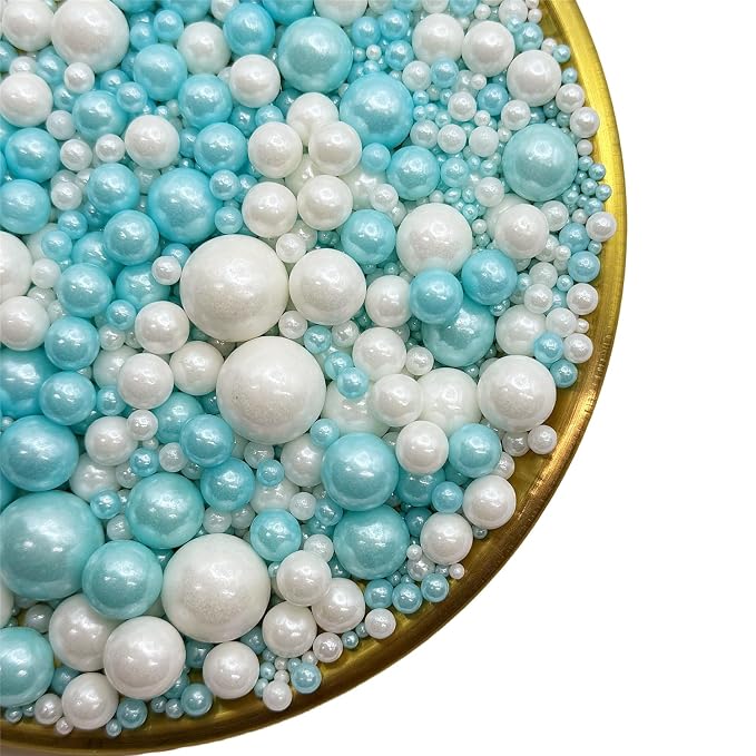 CandiJumpin Edible Pearls for Cake Decorating, Light Blue and White Pearl Sprinkles Baby Blue Sugar Pearls Edible Cake Decorations White Pearl Sugar Sprinkles Cupcake Toppers Baby Shower Party Birthday Wedding Christmas Supplies 3 OZ