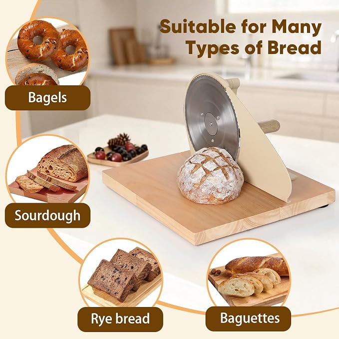 Foldable Manual Bread Slicer with Wooden Board & Foldable Handle,0-0.9" Adjustable Thickness,Serrated Blade & Suction Cup,Bread Slicer for Homemade Sourdough Bread,Soft Bread,Bagels,and More