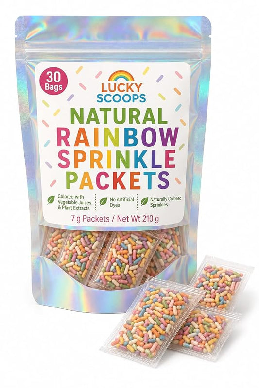 Lucky Scoops Naturally Colored Rainbow Sprinkles Packets – 30 Individually Wrapped 7 g Packs in Resealable Pouch – No Artificial Dyes, Dairy-Free, Gluten-Free, Vegetarian, Soy & Nut-Free Rainbow Jimmies for Ice Cream, Baking, Parties & Cruise Pixie Dus...