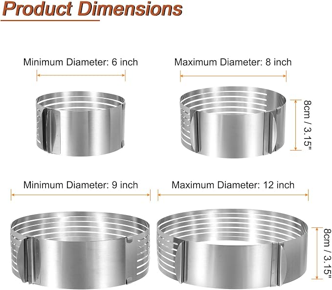 HARFINGTON Cake Leveler Slicer Stainless Steel Adjustable Round Cake Cutter Ring 7 Layered 6-8 Inch / 9-12 Inch for Baking Cutting and Slicing Cakes