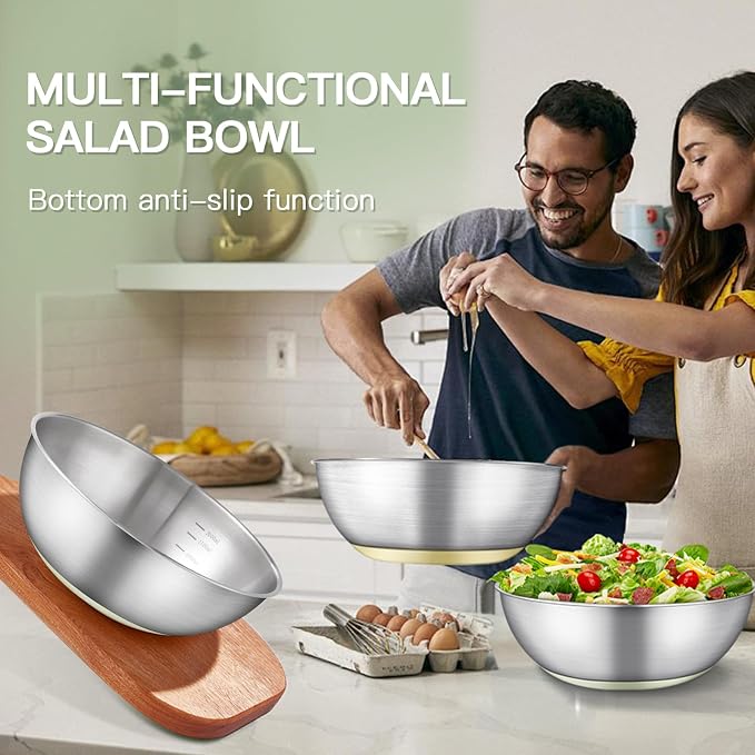 GIUOIDUO Stainless Steel Mixing Bowls Set,5 PCS Metal Mixing Bowls for Baking, Cooking, and Salad Making,Kitchen Meal Preparation,Non-Slip Silicone Bottom