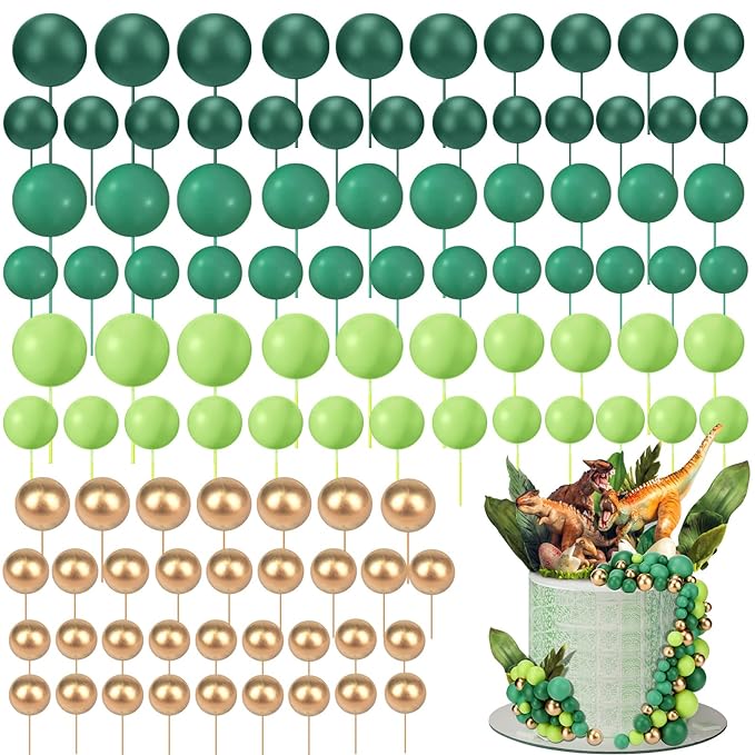 108 Pcs Balls Cake Topper DIY Cupcake Insert Foam Balloons for Cake Baking Wedding Anniversary Birthday Decoration(Assorted Green, Gold,Multi Sizes)