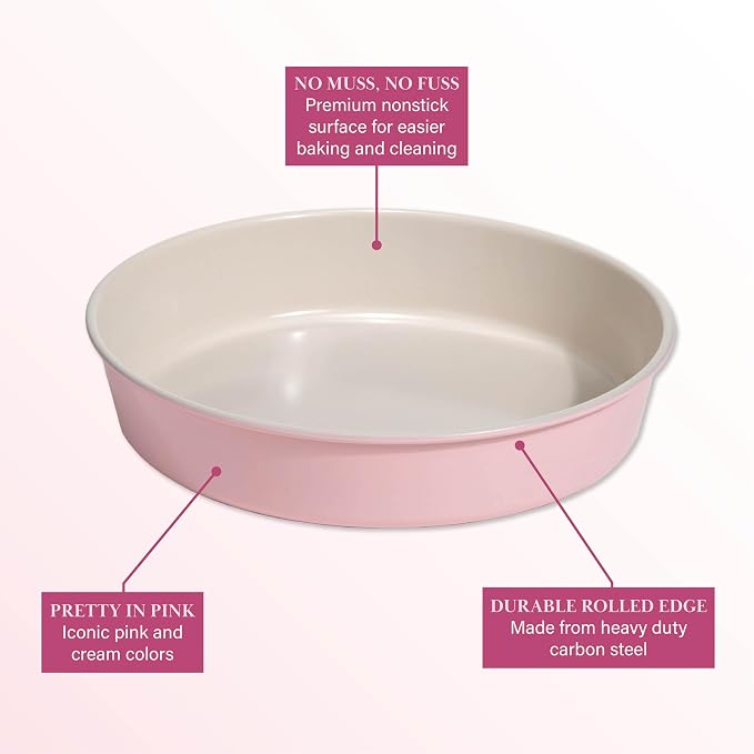 Paris Hilton Nonstick Carbon Steel Bakeware Collection, 9-Inch Round Cake Pan, Dishwasher Safe, Made without PFOA and PFAS, Pink Cream Two-Tone