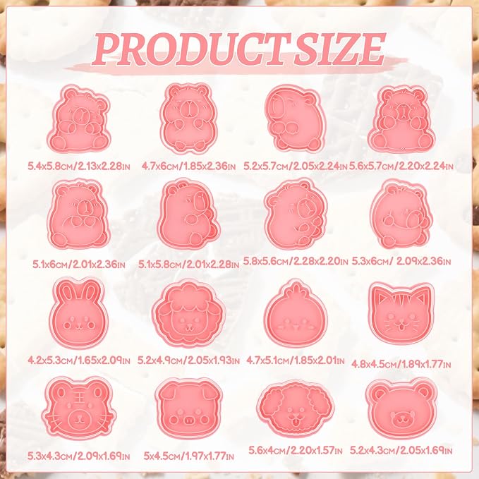 Jspupifip 16 Pack Capybara Animal Cookie Cutters Set, 3D Cookie Plunger Stamps Farm Animal Circus DIY Press Molds Baby Shower Cracker Cutters Birthday Party Baking Supplies Clay Biscuit Molds
