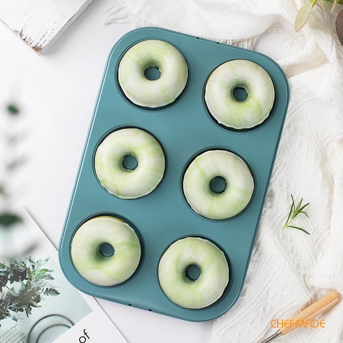 CHEFMADE Mini Donut Pan, Nonstick 6-Cavity Carbon Steel for Baking | Ring Donut Pan for Baking, Bagel Pan Bakeware. Nonstick steel, even heat to 428°F. PTFE/PFOA free. Easy clean (Green)