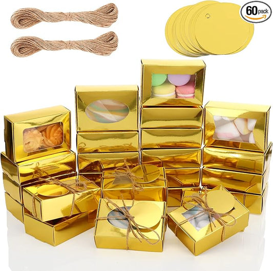 Yexiya 60 Pcs Homemade Soap Boxes 3.55 x 2.4 x 1.2 Inch Kraft Soap Box with Window Mini Gift Packaging Supplies for Homemade Bakery Candy Cookies Party Favor(Gold)