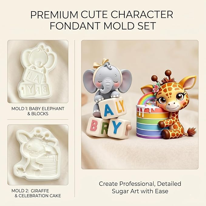 2Pcs 3D Elephant Giraffe Silicone Molds, Jungle Animal Cake Decorating Fondant Molds for Cake Decorating, Gum Paste, Birthday, Chocolate, Candy, Resin, Flexible Paste Pastry Baking Tool