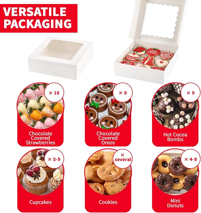 Ocmoiy 20 Pack Pie Boxes, 8 x 8 x 2.5 Inches Bakery Boxes with Window, Auto-Popup Cookie Treat Boxes for Chocolate Strawberries, Pastries, Muffins, Donuts