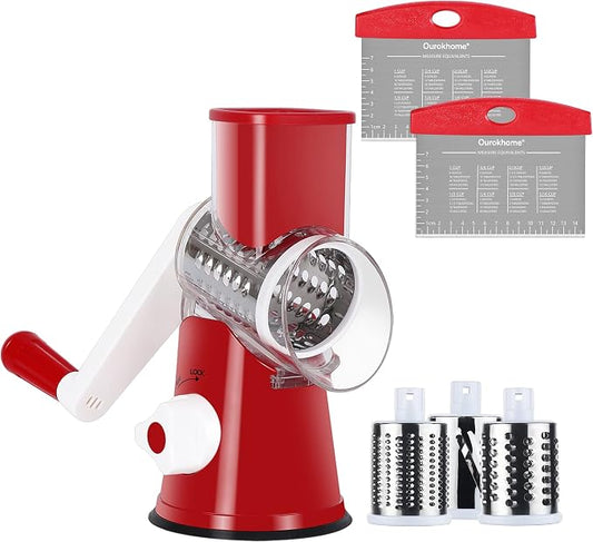 Ourokhome Rotary Cheese Grater Shredder and Pastry Dough Bench Scraper Knife, with Vegetable Peeler and Cleaning Brush (Red)