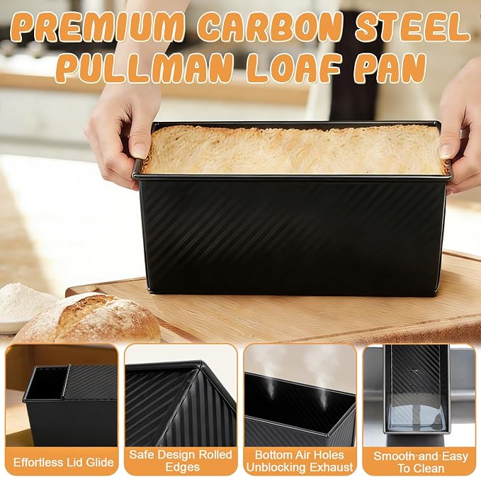 Pullman Loaf Pan with Lid,Non-Stick Carbon Steel Corrugated Toast Mold with Plastic Spatula and Basting Pastry Brush,1 LB Dough Capacity for Homemade Sandwich and Sourdough Bread(Black)