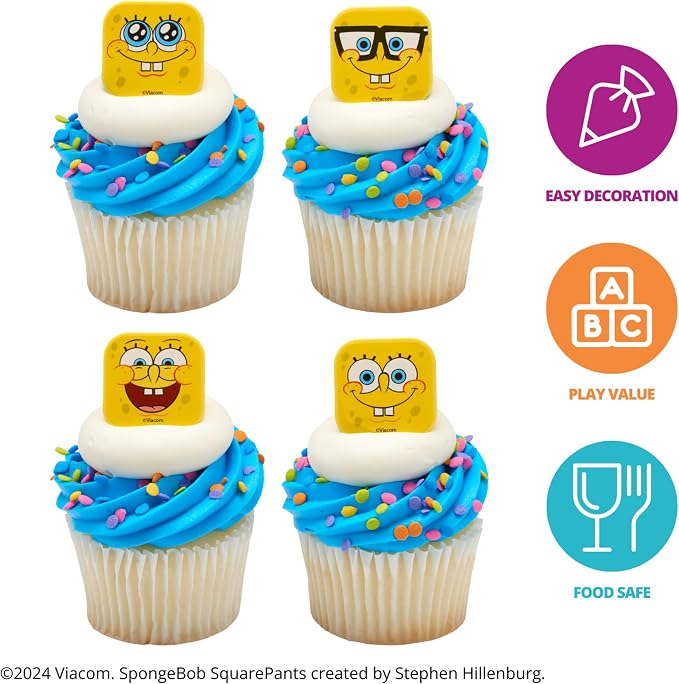 DecoPac SpongeBob SquarePants™ Mood Faces Rings, SpongeBob Cupcake Decorations Featuring SpongeBob SquarePants, Yellow - 24 Pack