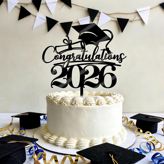 Congratulations 2026 Graduation Cake Topper,Congrats Grad Cake Decor - 2026 High School/College/Senior Graduation Party Decorations Supplies (black Acrylic 2)