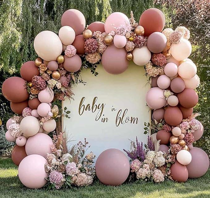 Dusty Rose Pink Balloon Arch Kit Double Stuffed Mauve Light Pink Matte Blush Nude Boho Balloon Garland for Baby Shower Birthday Bridal Wedding Flower Anniversary Party Decoration