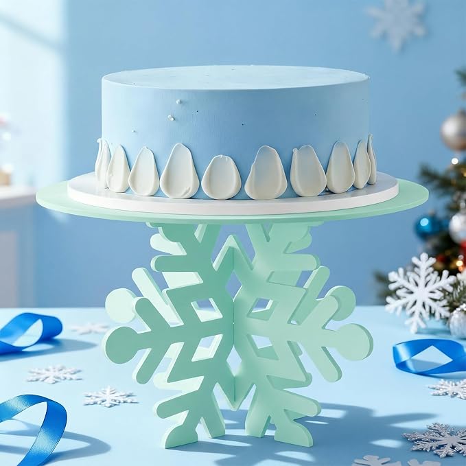Lallisa 12" Snowflake Frozen Cake Stand Light Green 3D Snowflake PVC Cake Decorations with Engraved Snow Themed Holder Dessert Stand Centerpieces for Frozen Winter Birthday Party Supplies