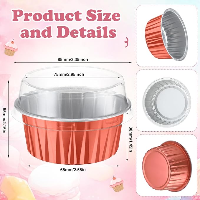 Gejoy 400 Pcs Aluminum Foil Baking Cups with Lids 5 oz Disposable Ramekins Mini Cake Pans Creme Brulee Cupcake Liners Muffin Dessert Container for Wedding Birthday Party (Classic,Orange Gold)