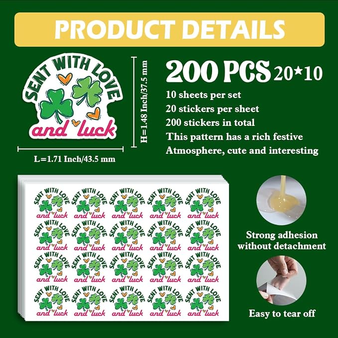 200 PCS St. Patrick's Day Packaging Stickers,Sent with Love and Luck,Clover Sticker for Small Business Envelopes Shipping Boxes Gift Packaging