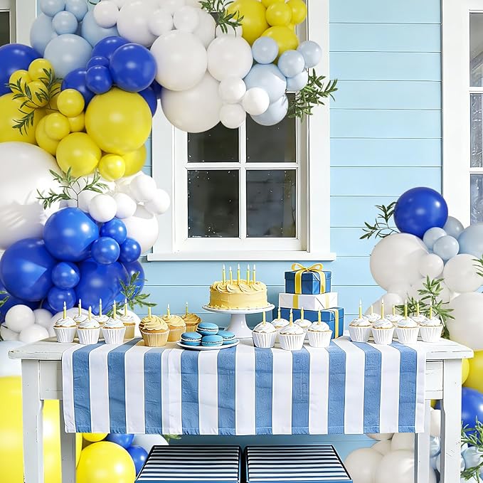 Blue and Yellow Balloon Arch Kit, 124Pcs Lemon Balloon Arch Kit with Royal Blue Light Blue Yellow White Balloons for Mediterranean Themed Birthday Wedding Bridal Shower Anniversary Party Decorations
