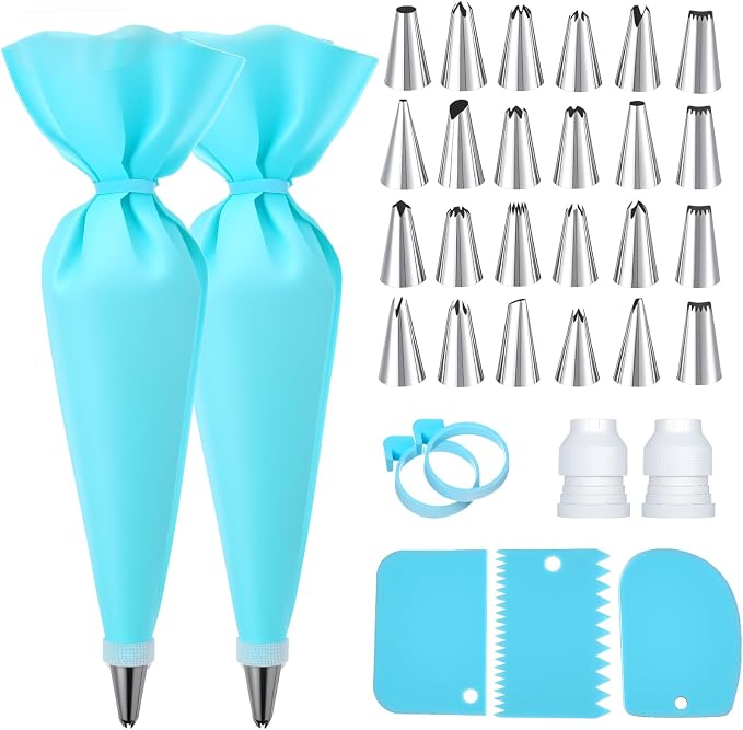 Piping Bags and Tips, Reusable Cake Decorating Supplies with 2 Piping Bags & 24 Icing Tips & 2 Couplers & 3 Scrapers & 2 Silicone Rings Cake Baking Tools for Cookie Icing Cupcakes