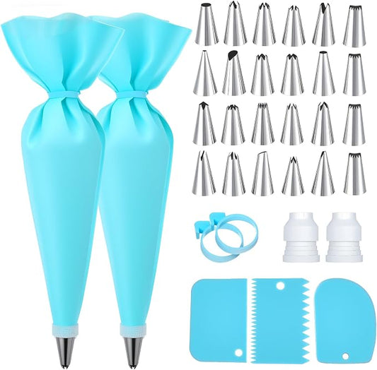 Piping Bags and Tips, Reusable Cake Decorating Supplies with 2 Piping Bags & 24 Icing Tips & 2 Couplers & 3 Scrapers & 2 Silicone Rings Cake Baking Tools for Cookie Icing Cupcakes