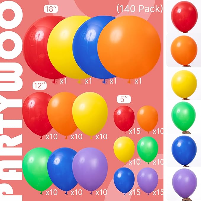 PartyWoo Rainbow Balloon Arch Kit Garland 140pcs Different Sizes of 18 12 10 5 Inch Colorful Blue Red Green Purple Yellow Orange Balloons for Baby Shower Graduation Birthday Party Decorations