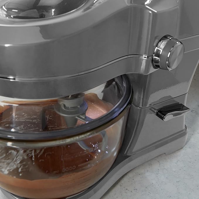 Kenmore Elite Ovation 5 Qt Stand Mixer, 500 Watts, with Revolutionary Pour-In Top, Tilt Head, Flat Beater, Whisk, Dough Hook, 360-degree Splash Guard, Glass Bowl, LED Light, Metallic Grey