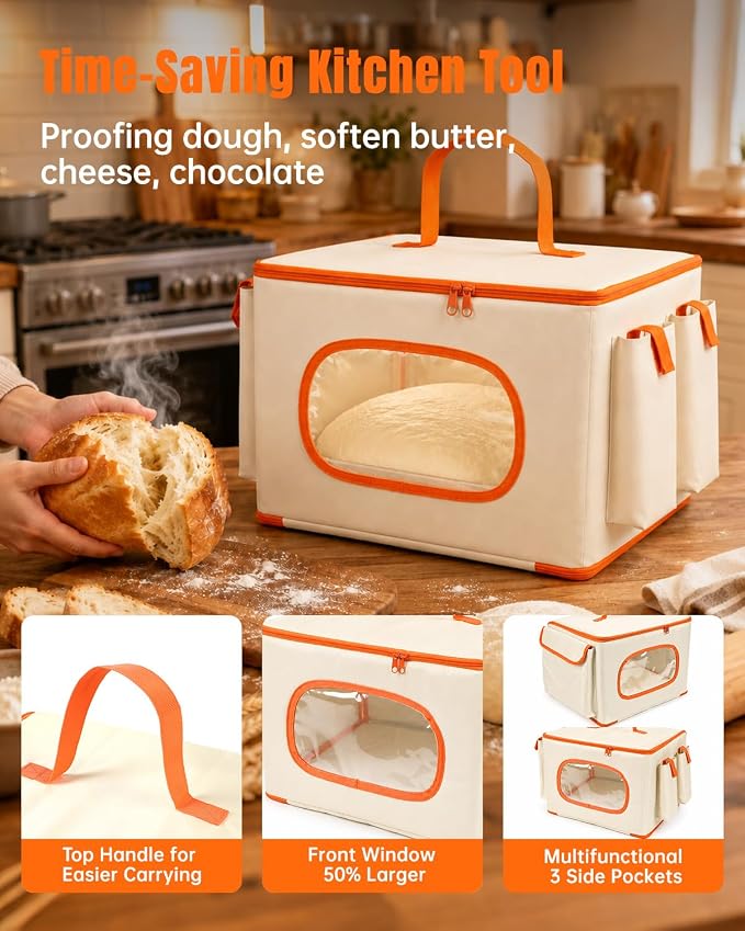 Foldable Bread Proofing Box with Temp Control, 3 Side Pockets &Front Window | Bread Proofer with Handle, 50-113°F Control, 15-Preset 0-48H Timer for Sourdough Proofing Box, Pizza Dough, Yogurt & Kombucha