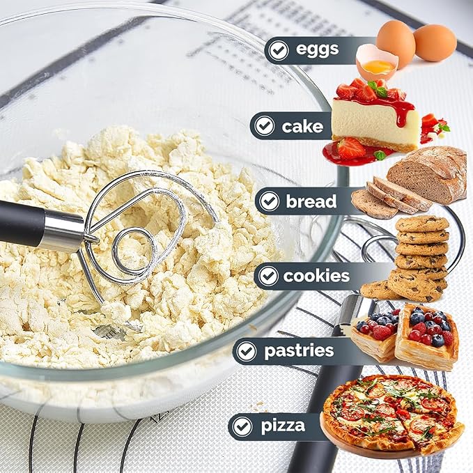 Stainless Steel Dough Whisk for Dutch Bread with Rubber Anti-slip Handle Manual Dough Mixer Pastry Blender Whisking Tools for Baking - 12 inch