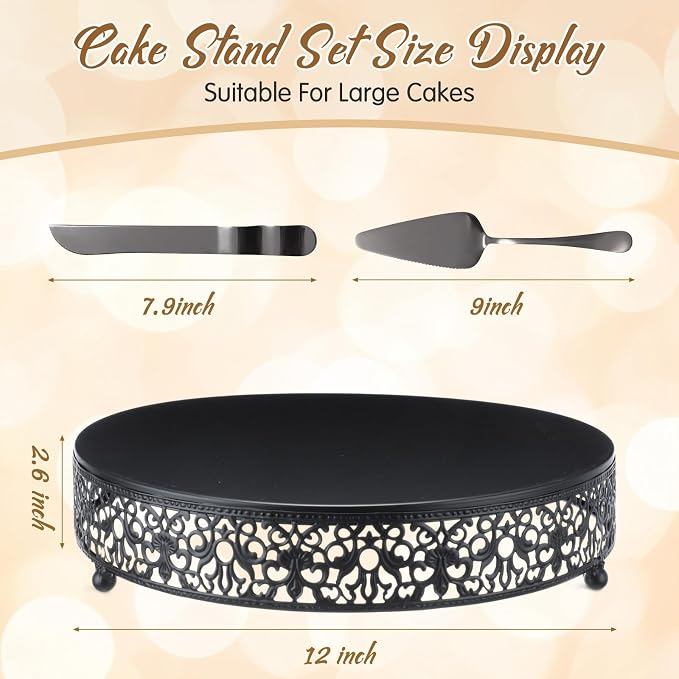 Wenqik 12 Inch Black Cake Stand Set Metal Round Cupcake Dessert Stand with Cake Cutting, Spatula Wedding Cupcake Pastry Display Candy Holder Display for Wedding Party Birthday Baby Shower(Classic)