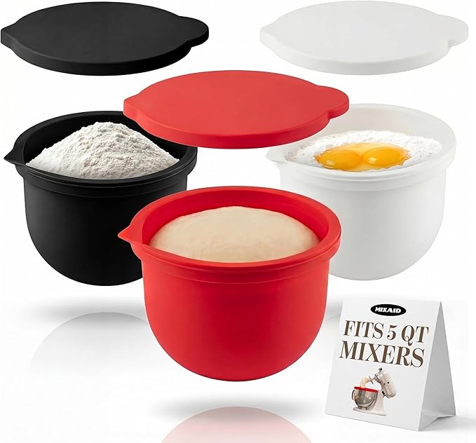 The Original MIXAID Silicone Bowl Insert Liners for KitchenAid Tilt-Head 5 Qt Stand Mixers - Replacement Mixer Accessories - Leak-Proof Design, Non-slip Base & Easy Clean - Set of 3 Liners & Lids